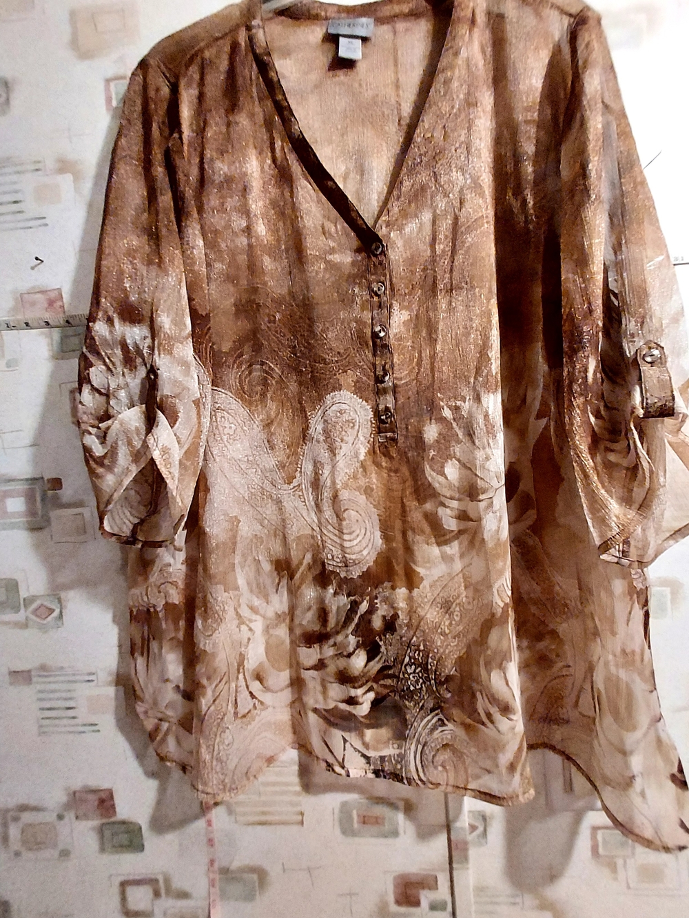 Catherines Paisley Print Button-Down Tunic Floral Blouse Brown Size 3X